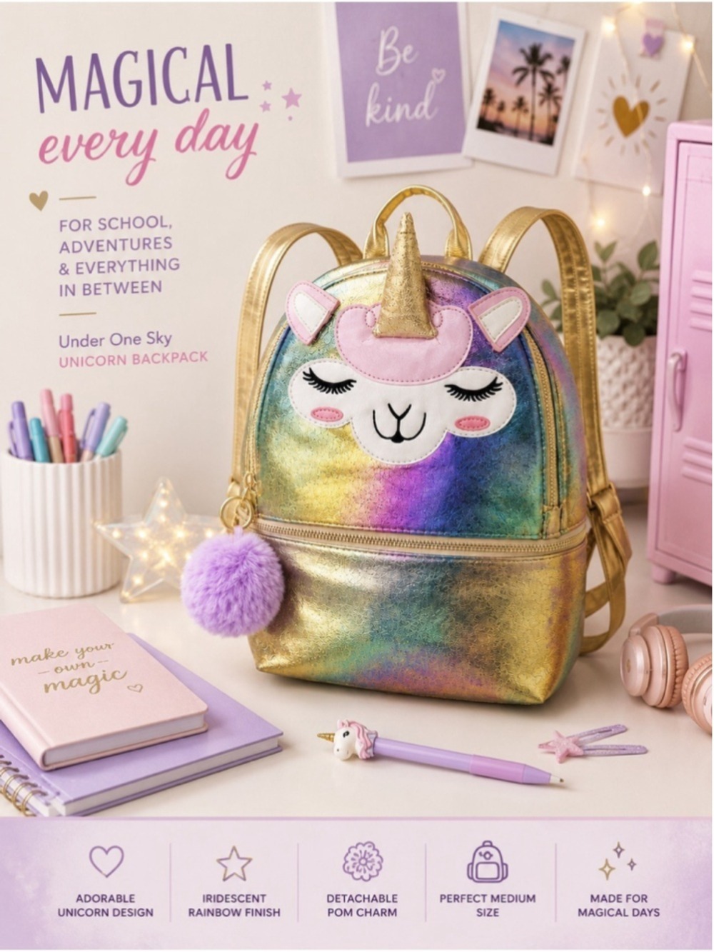 Under One Sky Unicorn Rainbow Backpack with Pom Charm | EUC